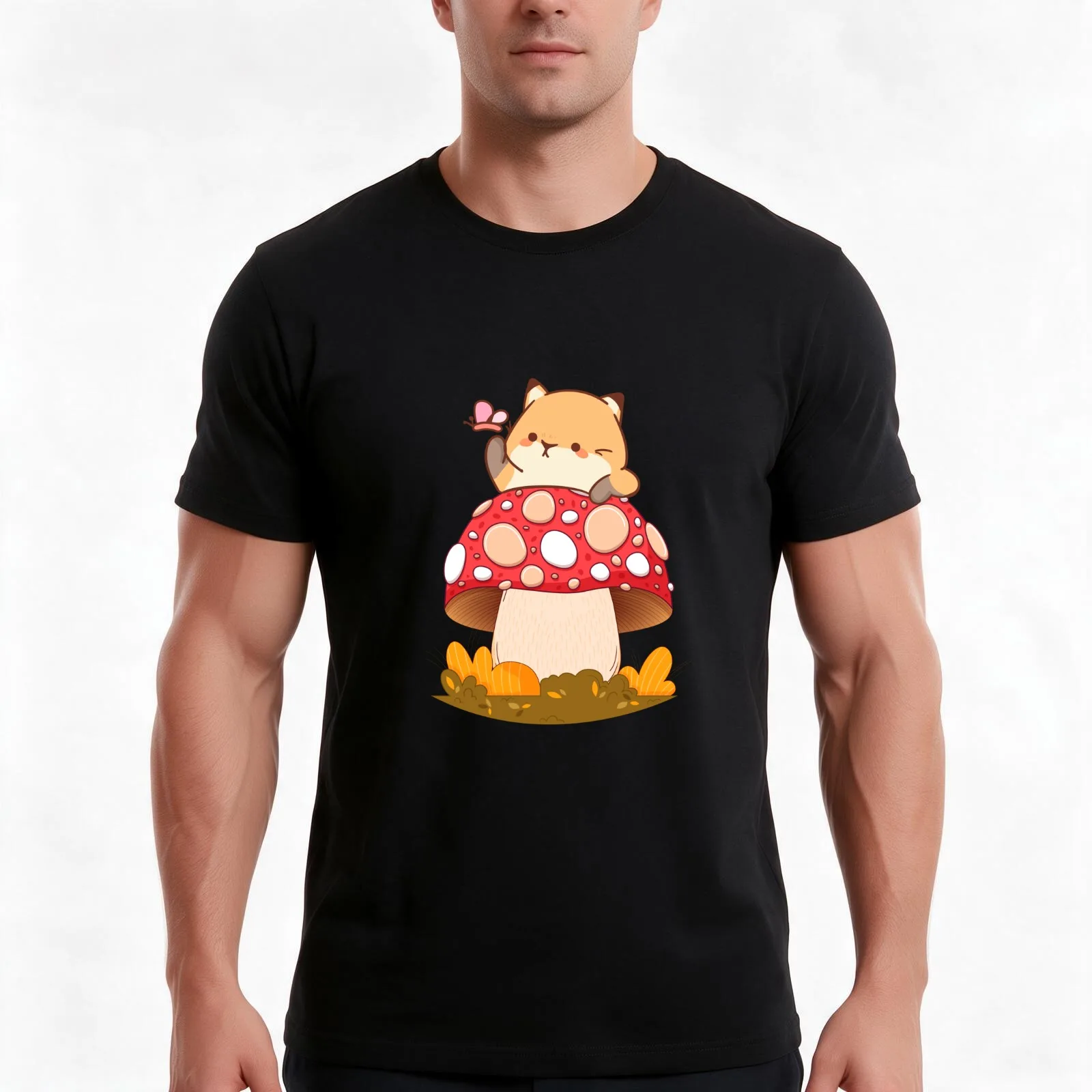 Cute Mushroom Cat - Kawaii Kitten & Pet-Loving Shroom T-Shirt, Summer Casual Cotton Tee, Oversized Streetwear Tops, 100% Cotton