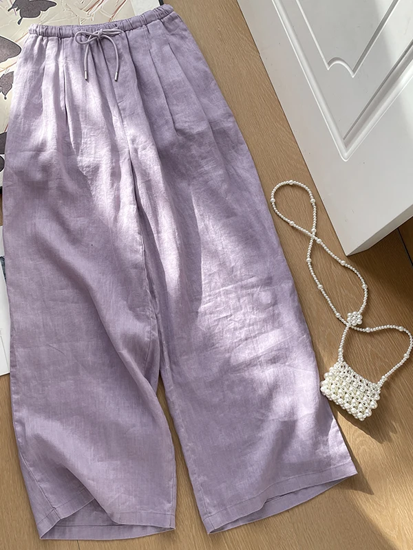 

Casual Cotton Linen Wide Leg Pants Pleated Design Drawstring Elastic Waist plus Size Women's Loose Fit Trousers Slimming Long...