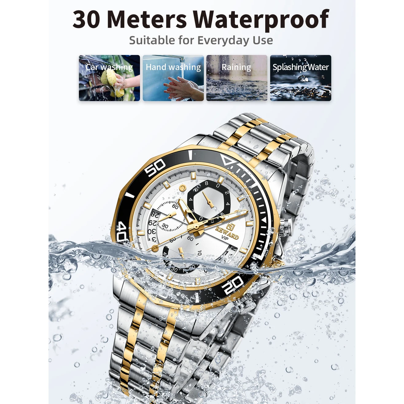 REWARD Mens Watches Fashion Business Stainless Steel Wristwatch Waterproof Luminous Chronograph Calendar Quartz Watches