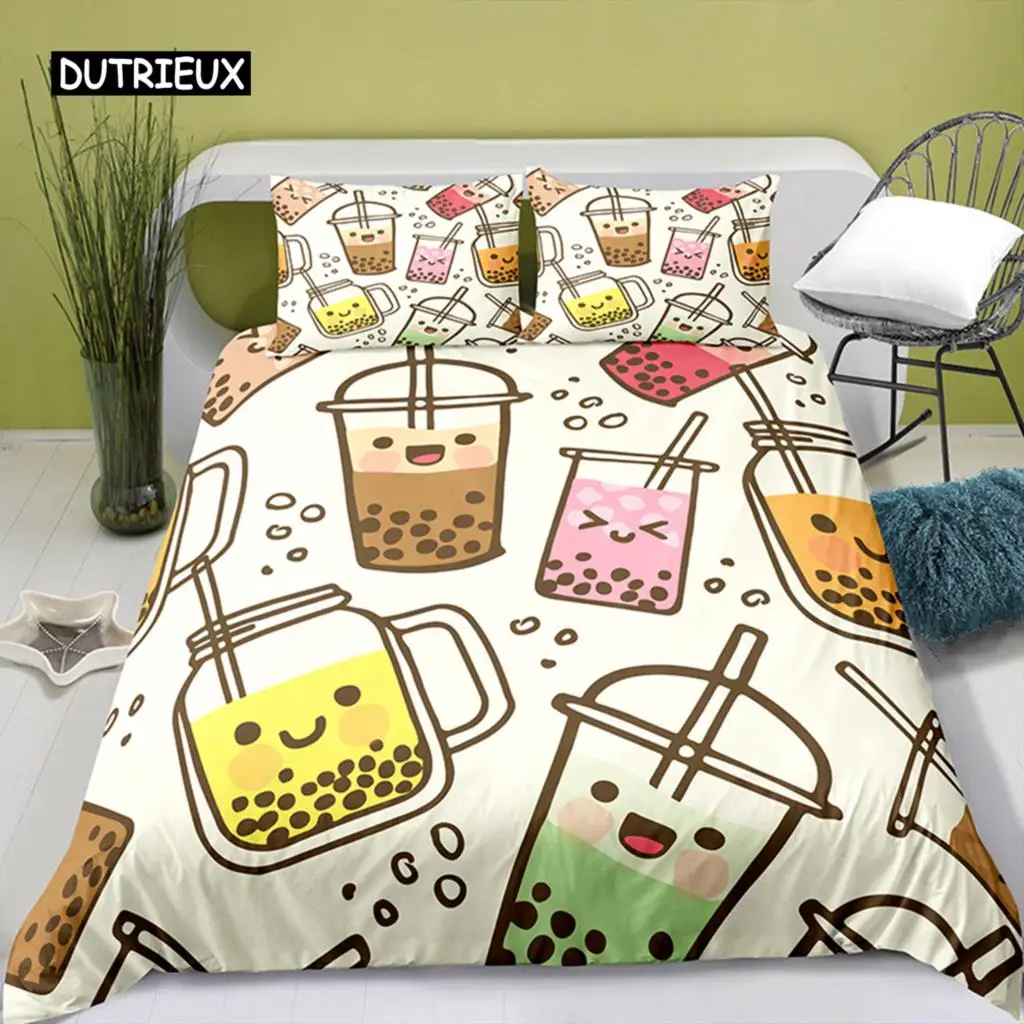 

Lovely Cartoon Food King Queen Duvet Cover Pearl Milk Tea Bedding Set Kids Teens Adults Dessert Fries Cola Polyester Quilt Cover