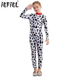 Kids Unisex Dalmatian Costume Puppy Cosplay Jumpsuit Long Sleeve 3D Tail Full Bodysuit Halloween Cute Animal Roleplay Dress Up
