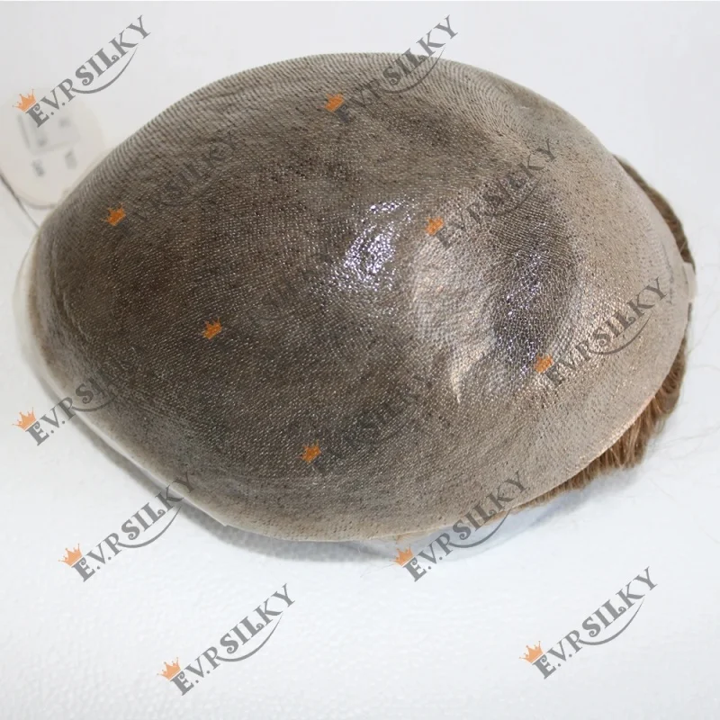 شعر مستعار بشري أسود ورمادي للرجال بعقدة مزدوجة 0.02 ملم جلد رقيق كامل البشرة PU # 410 # 420 شعر مستعار صناعي باللون الرمادي والبني