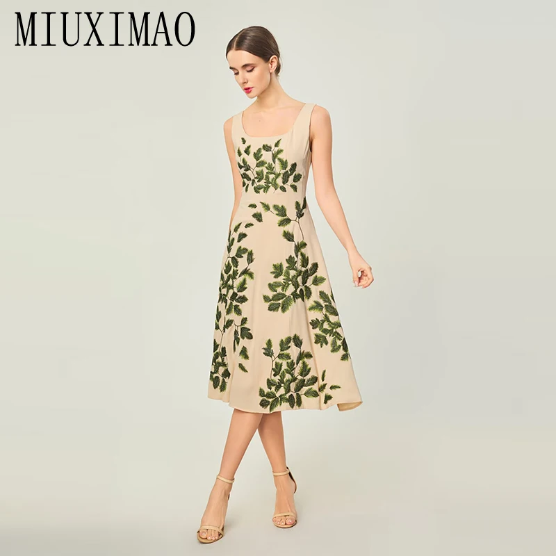 MIUXIMAO 2026 Spring Summer Green Leaf Embroidery Women Dress  High-End  Dress Elegant Mid-Calf Dress Women Vestidos