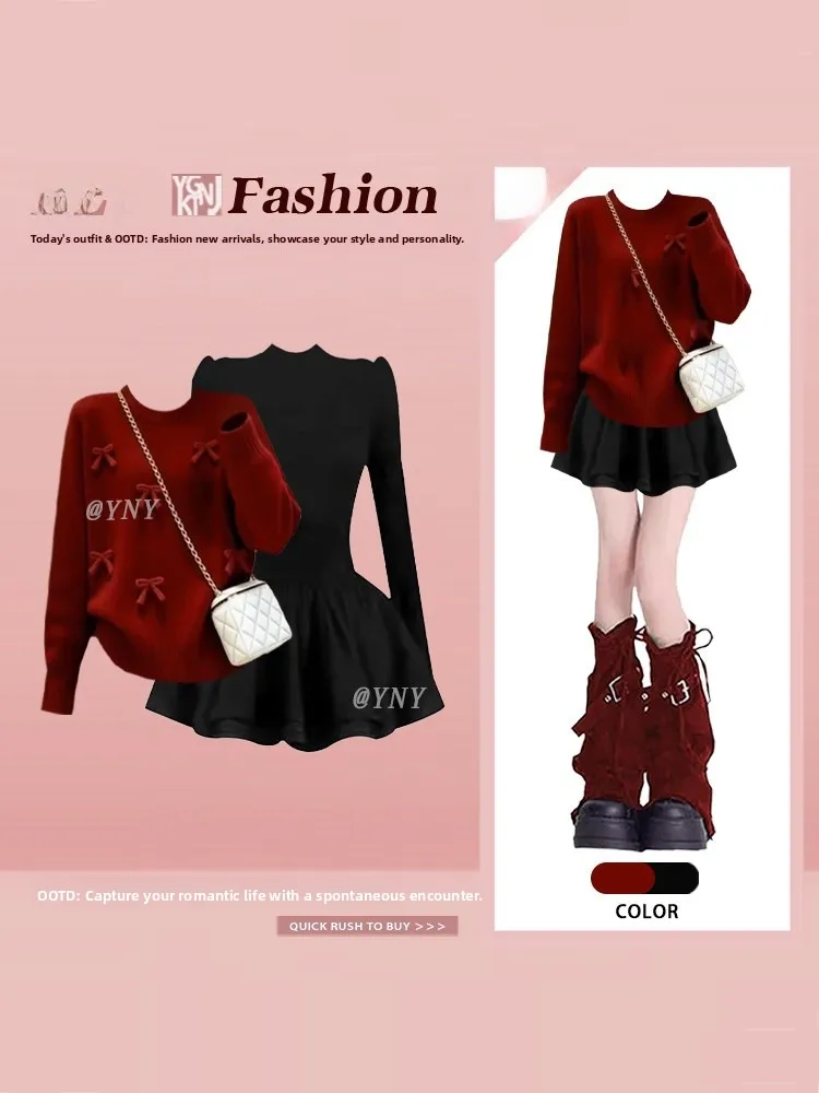 

Вязаный свитер Sweet Knot и комплект из двух предметов: юбка с высокой талией и топ с длинными рукавами для женщин, ранняя весна, модный комплект