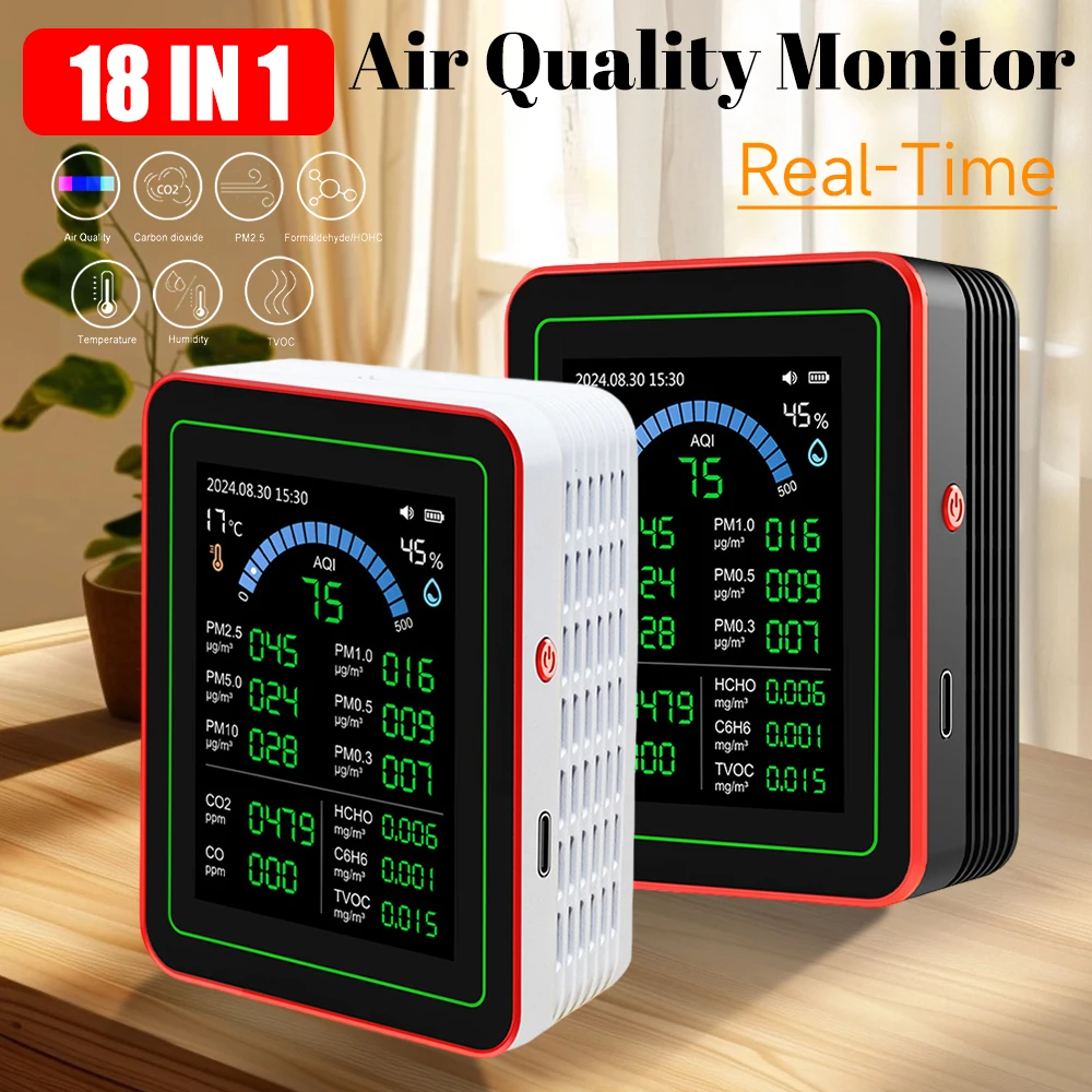 18-in-1ポータブル空気質テスターセンサー、co2、pm25-pm10、hcho、tvocを検出、tftディスプレイ搭載、家庭やオフィス用空気質メーター