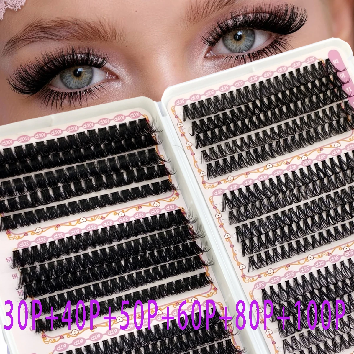 HBZGTLAD 580 Stück Wimpernbüschel, DIY-Wimpernverlängerung, 30–100 Stück, flauschige Volumen-Wimpernbüschel, natürliches, dickes, individuelles Wimpern-Make-up