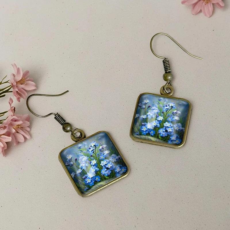 2025 New Forget Me Not Oil Painting Square Earring Retro Glass Dangle Earrings Handmade Jewelry Gift