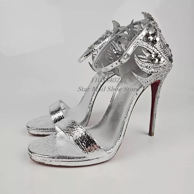 

Silver Sequins Peep Toe Pattern Decoration Ankle Strappy Tower Buckle Stiletto Sandals Concise Fashion Evening Party Dress Shoes