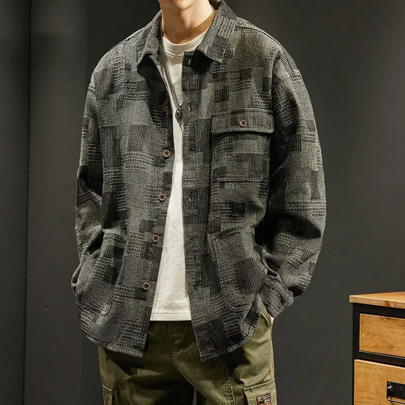 American Vintage Men Plaid Work Shirt Coat Spring Autumn Fashion New Male Clothes Casual Loose Black Grey Long Sleeve Jackets