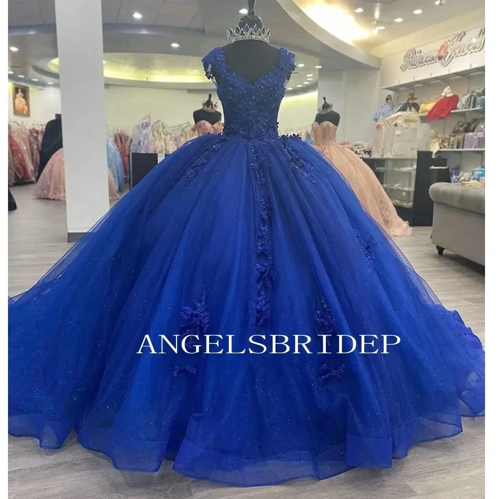 Vestido de baile de quinceañera con apliques de cuentas, manga de casquillo, Azul Real, hecho a mano, flores Para XV Años