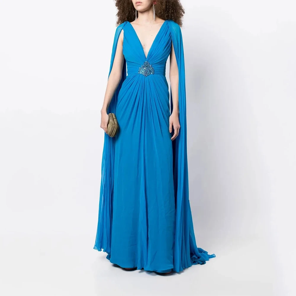

Modern A Line Blue Chiffon Women‘s Evening Gown Ankel Length Formal Party Dress V Neck Prom Dress Cloak Sleeves Saudi Dress