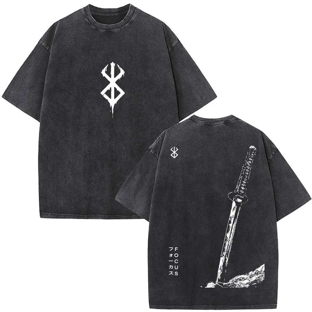 Gewaschene Anime Berserk Guts T-Shirts Schwertkämpfer Gatsu Opfer Zodd Cosplay T-Shirt Übergroße Baumwolle Vintage T-Shirts Streetwear – Detail 9