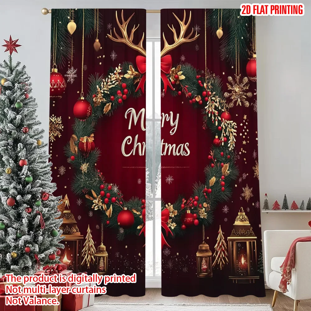 

2pcs 2D flat printing Merry Christmas Popular Drapes holly berry pinecone snowflake Versatile Durable Polyester Without