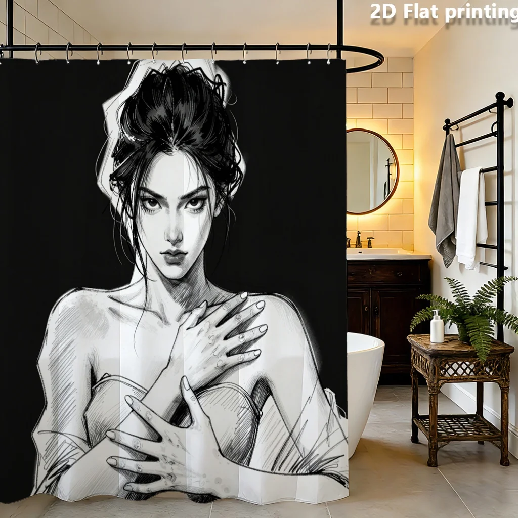 Artistic Sketch Shower Curtain Waterproof Bathroom Decor Monochrome Drawing Abstract Mural Modern Art Print 90x180cm