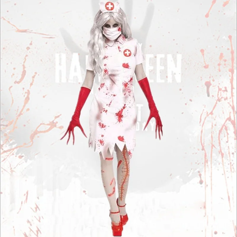 

loween Par Stage Performance Costume Blood Mary Nurse Devil Outfit Terroristic Women Nurse Suit Polyester Material