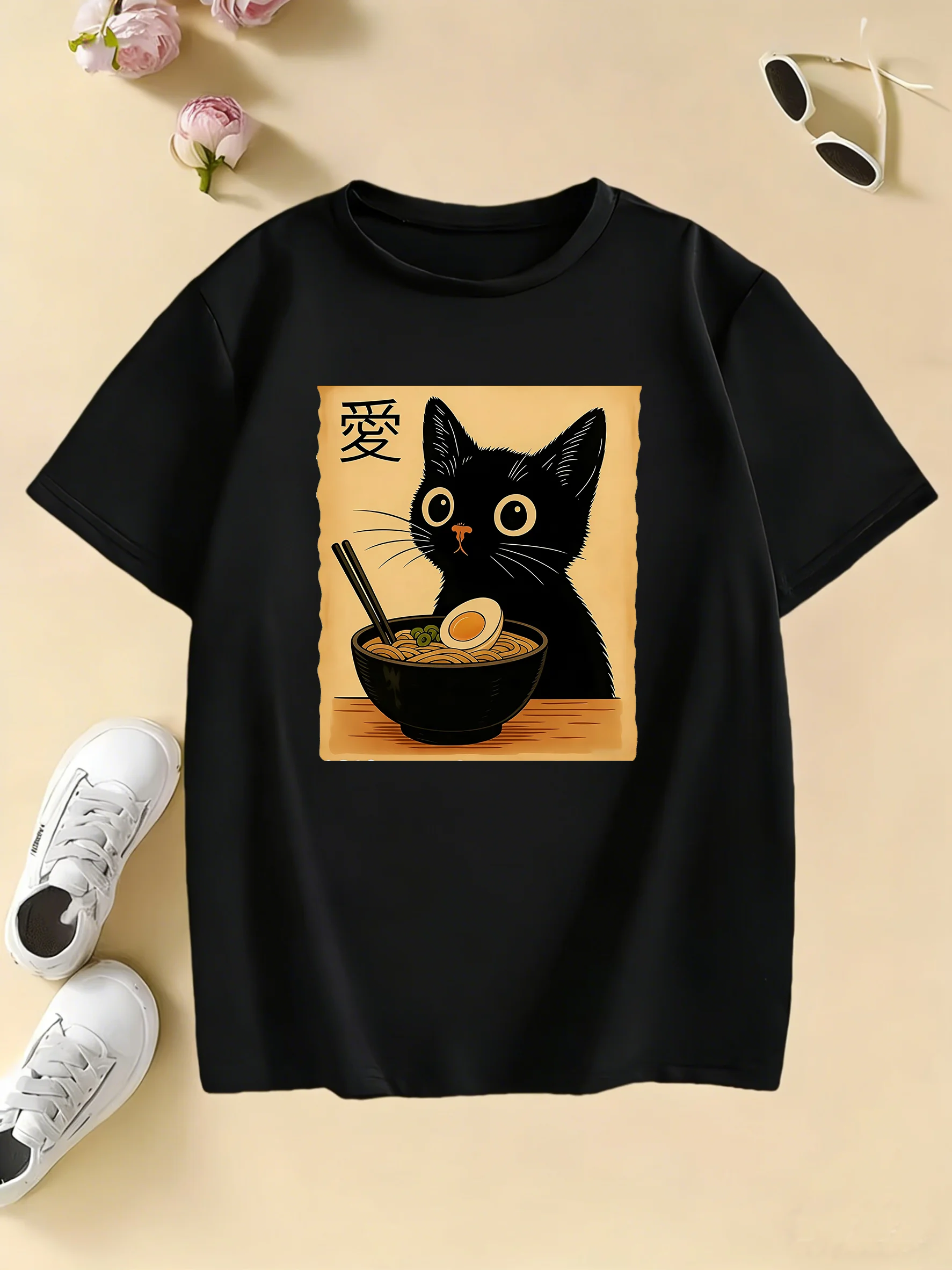 Retro Cat Kawaii Design Oil Print T Shirts Kids Children's T-shirt Casual Boys Girls Summer Spring Casual Top Tee