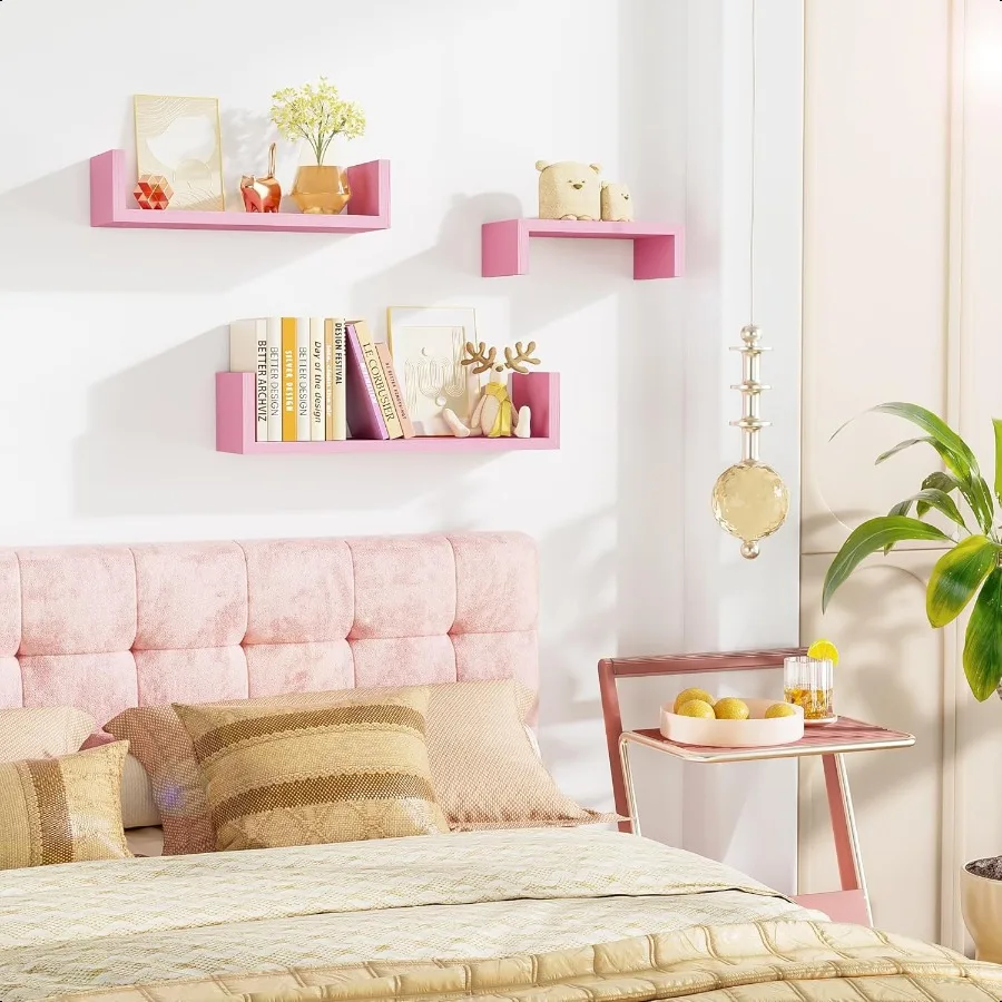 ชั้นวางของติดผนังไม้จริงสีชมพู