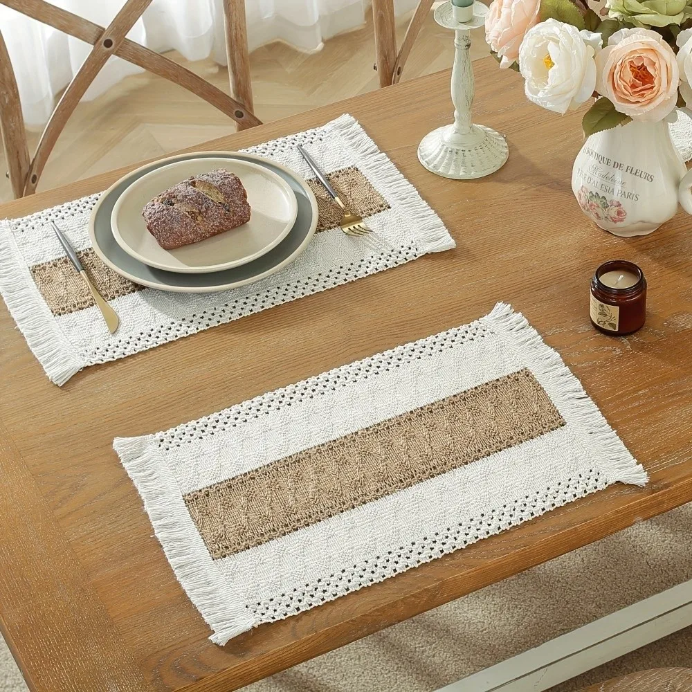 4pcs Bohemia Rectangle Table Mats with Tassel Heat Resistant Boho Burlap Placemats Striped Washable Linen Braided Place Mats