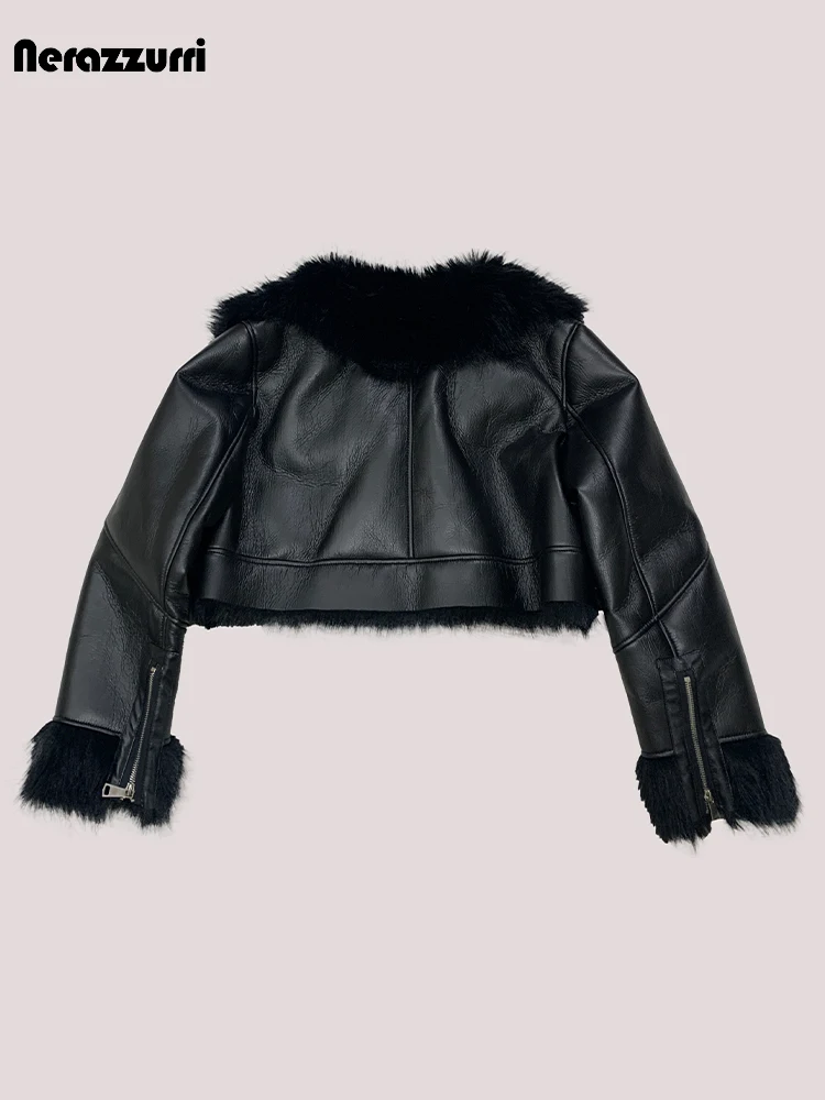 Nerazzurri Spring Winter Short Black Thickened Warm Soft Hairy Faux Sheepskin Coat Women Luxury Designer Clothes Fluffy Jacket