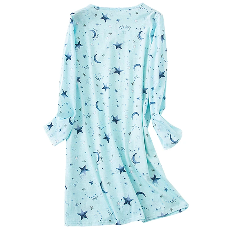 Women\'s Long Sleeved Round Neck Knee Length Nightgown That Is Soft, Comfortable, And Features a Cute Pattern Design.