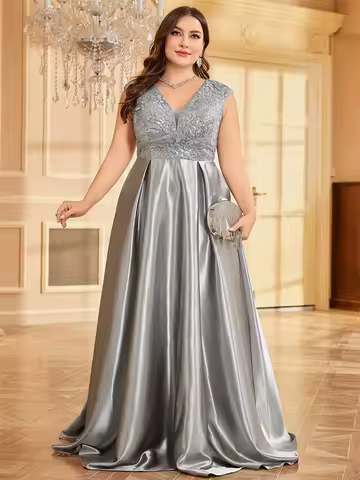 Plus Size Luxury Grey Satin V-Neck Evening Dress 2025 Women Sequin Party Prom Floor Lenght Cocktail Dress A-line Graduation Gown