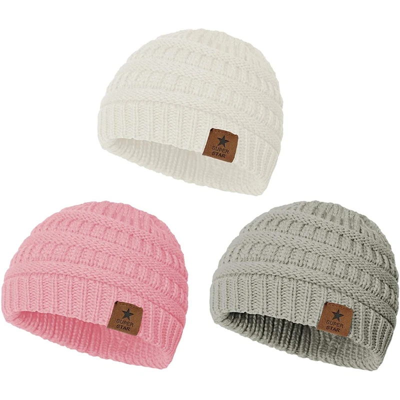 

3Pcs Children's Small Round Hat Plus Velvet Autumn And Winter Knitted Wool Hat Ear Protection Warm Hat