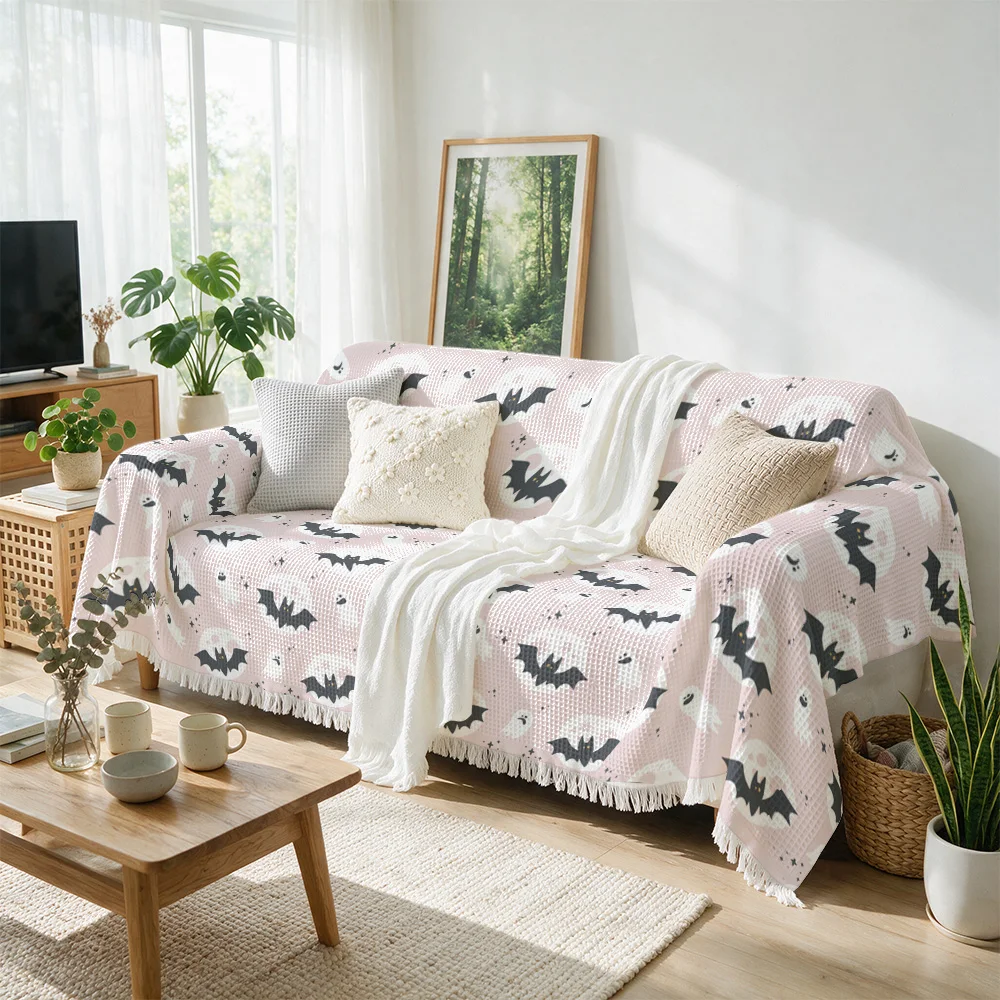 Decorative Bat Print Throw Blanket for Sofa Couch Seasonal Decor Halloween Spooky Season Accent Cover Cozy Knit Throw for Living