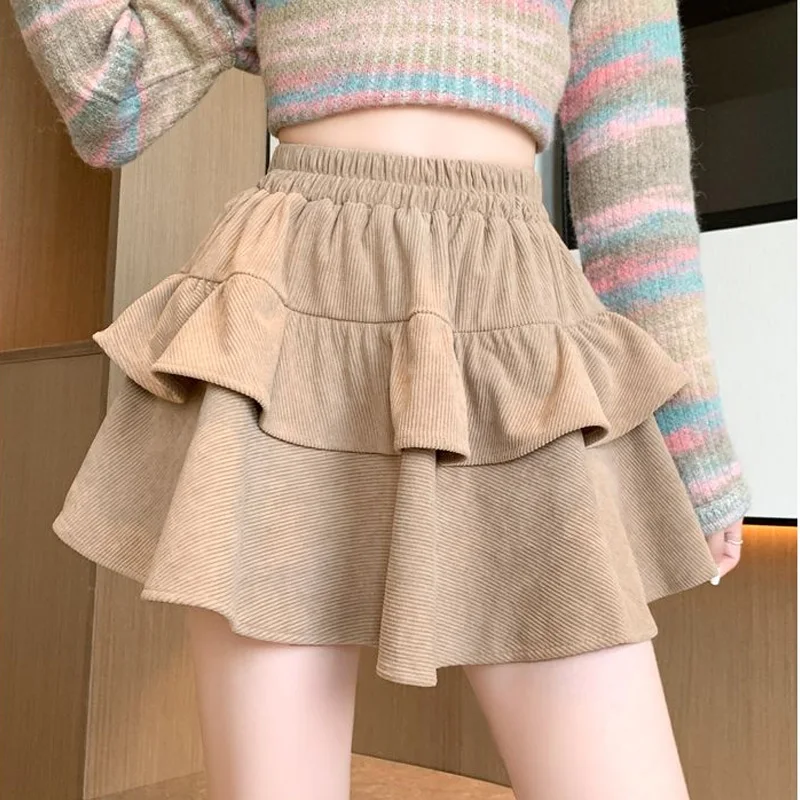 Kawaii Solid Color Sweet Autumn Winter Thin High Waist Ladies A-line Skirt Korean Patchwork 2023 New Fashion Women\'s Clothing