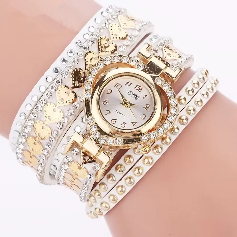 Leisure and Fashion Wrapped Diamond Heart Dial Bracelet Watch Women's Long Rope Quartz Watch Heart Diamond Set