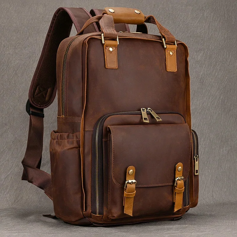 New Design Leather Backpack for Camera Genuine Bagpack For Men Male Travel DSLR Cameras Large Capacity