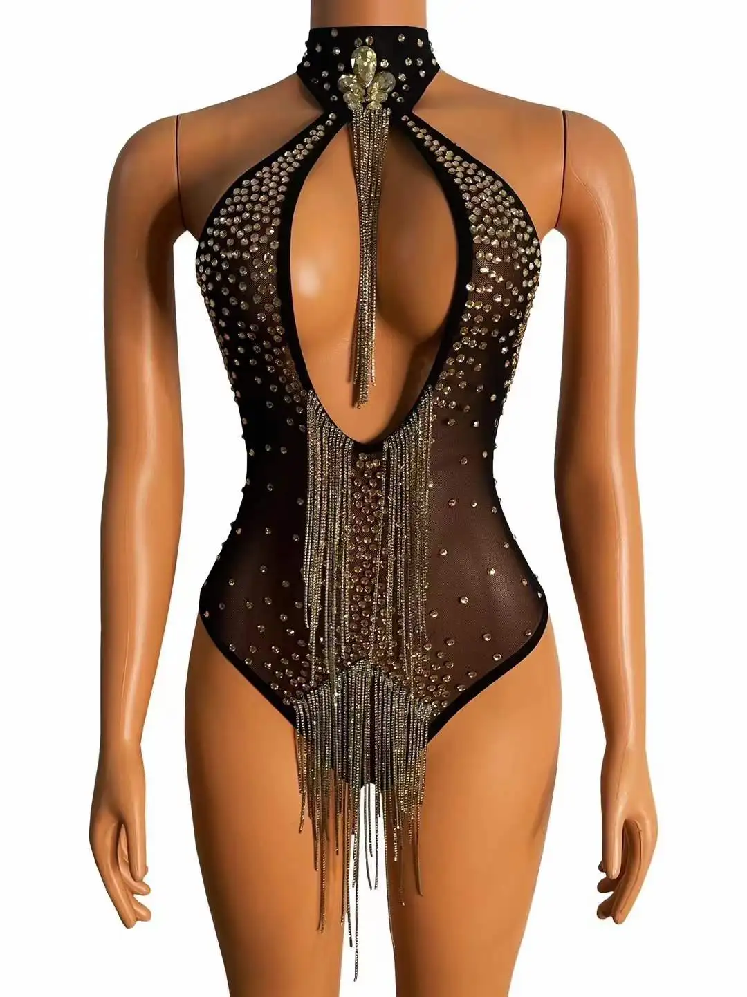 

Women Sparkly Sexy Goddess Senior Dancing Bodysuits Pole Backless Fringe Leotard Las Vegas Show Drag Queen Outfit