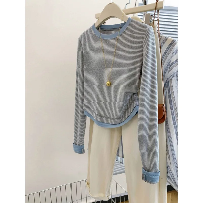Hong Kong-Style Striped Color-Block Long-Sleeve T-Shirt For Women, 2025 Spring, Faux Two-Piece Top, Korean Version, Youthful