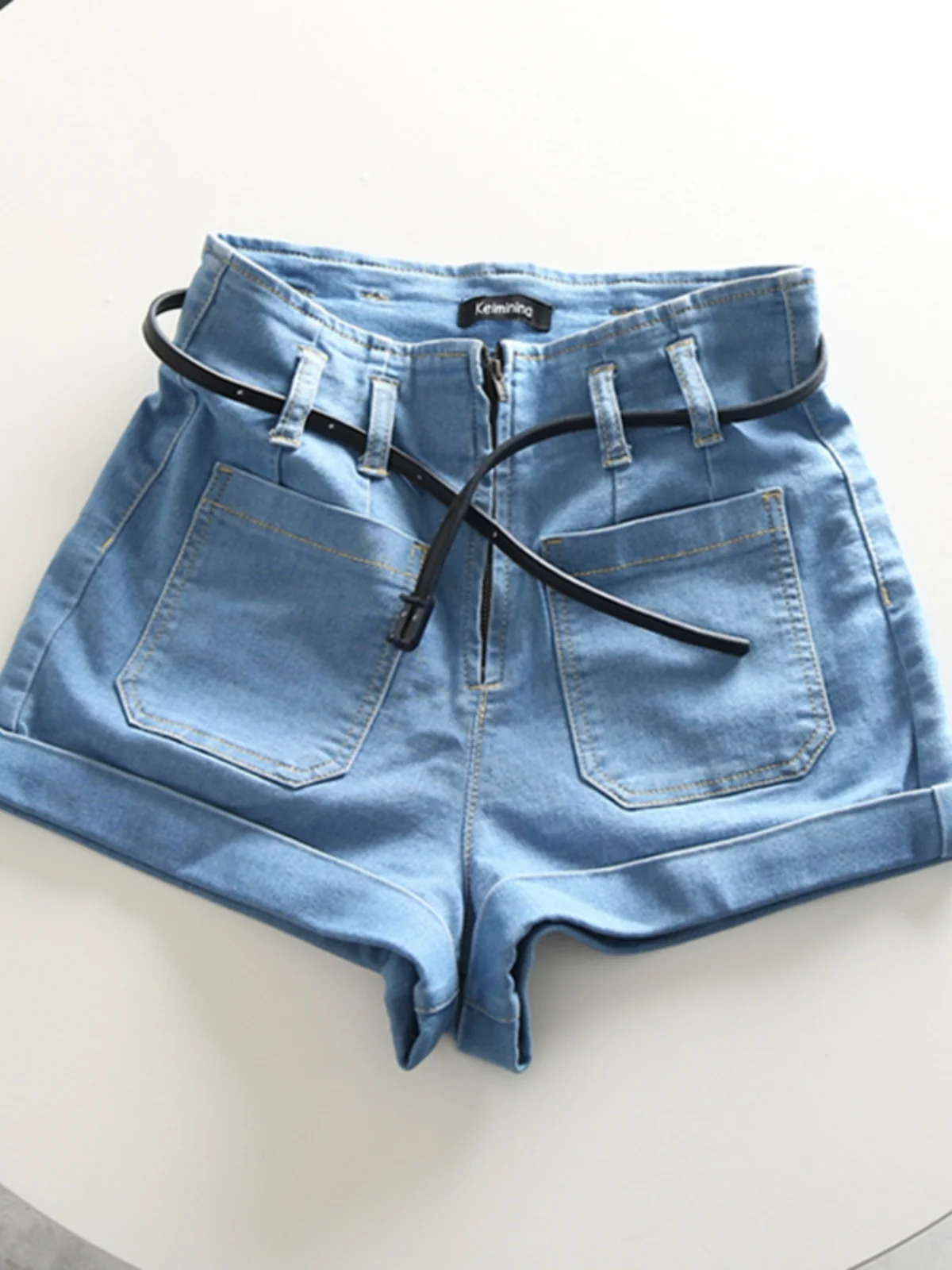 

High Waist Denim Shorts Summer Elastic A-Line Hot Pants Front Zipper Cotton Stretch Fabric Versatile Belted Trendy Shorts