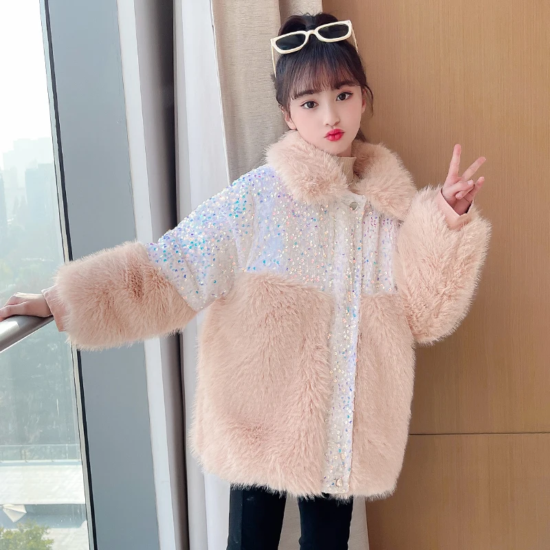 

2023 new winter girls sequined fur fragrance Korean version of foreign style plus velvet padded warm long wool hooded coat