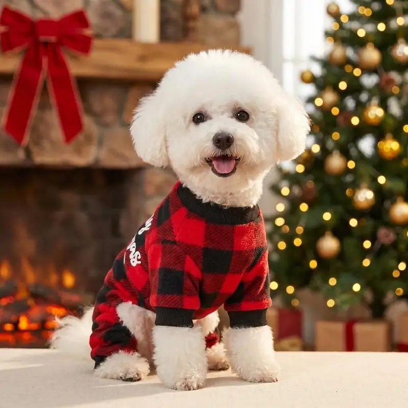 1 pet Christmas checkered printed four legged coat suitable for cats, dogs, Christmas holiday gift decoration and matching