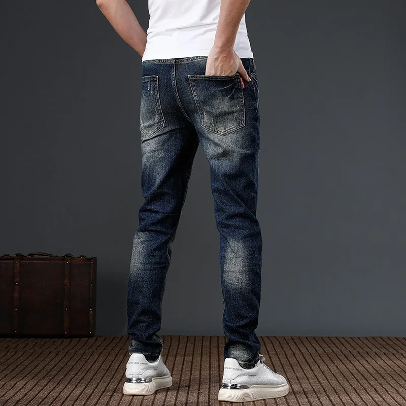 2024 New Trendy Patch Perforated Embroidered Jeans for Men\'s Deep Blue Slim Fit Small Feet Street Motorcycle Denim Pants