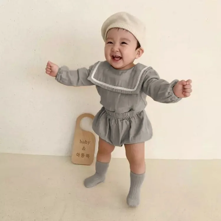 Autumn Baby Long Sleeve Clothes Set Infant Boy Navy Collar Shirts + Pp Pants 2pcs Set Baby Girl Outfits Children Suit 1-8 Years