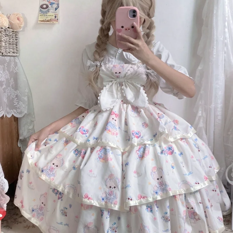 Lolita Bow Dress Sets Women Summer New Princess Sweet Short Sleeve White Shirt Birthday Dresses Suits Femininos