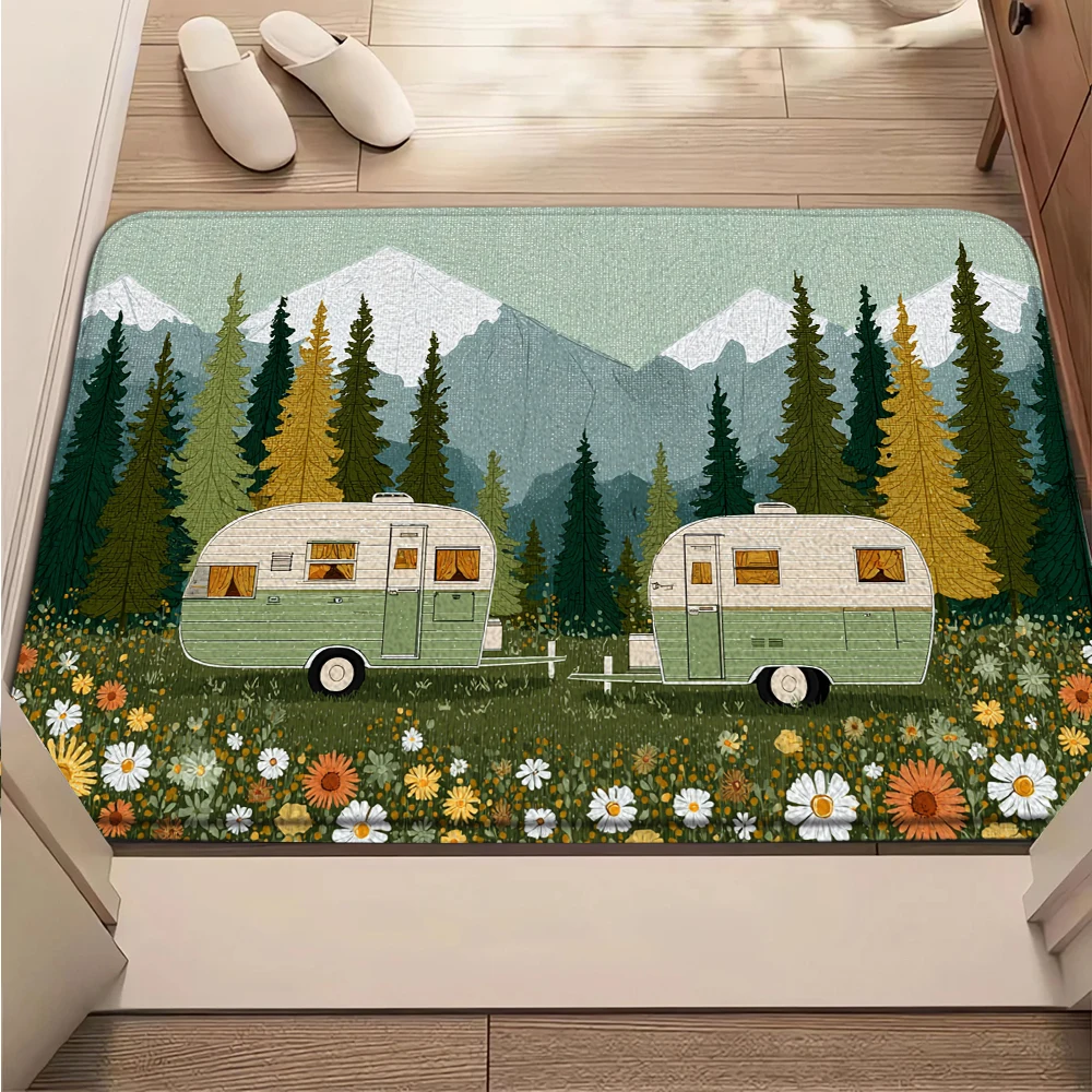Camper Van Doormat, Outdoor Indoor Non-Slip Welcome Mat, Adventure Rug Cheerful Camping Washable Rug Floor Door Entrance Mat