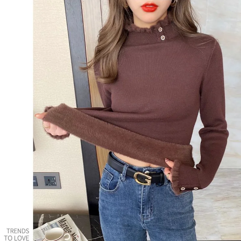 Women Autumn Winter New Half High Collar Bottom Knit Fleece Thickened Fashion Diamonds Sweater Warm Versatile Long Sleeved Tops