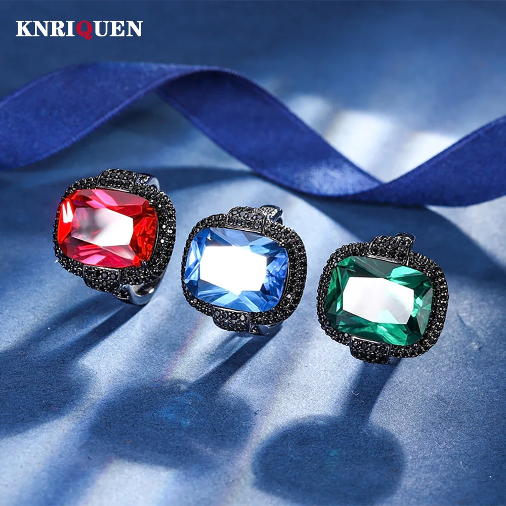 

Luxury Retro 12*16MM Ruby Sapphire Emerald Ring Gemstone Party Fine Jewelry Black Ring for Women Lady Accessories Bithday Gifts