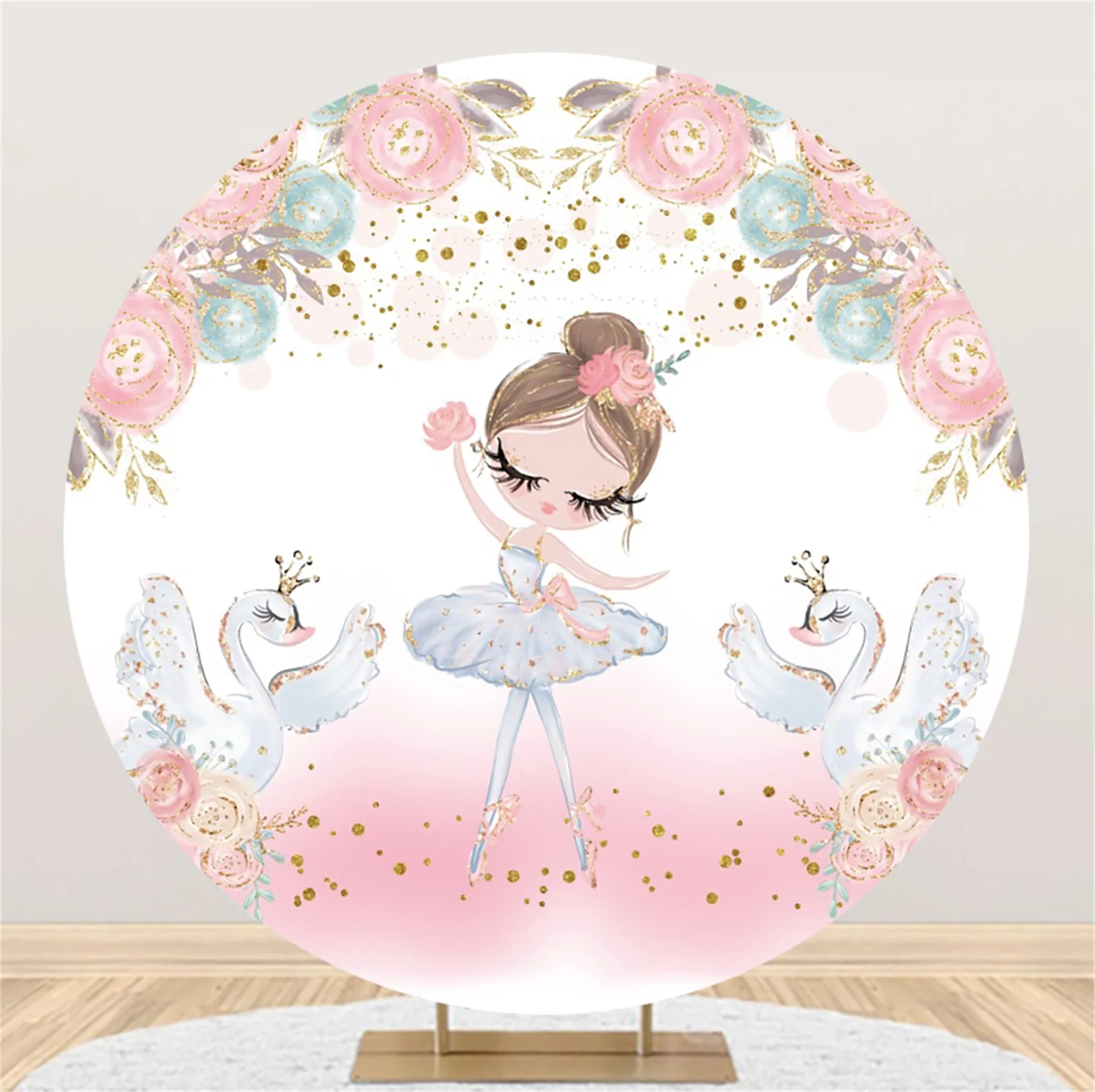 Swan Round Backdrop Cover Pink Flower White Goose Princess Baby Girl Birthday Party Portrait Photography Background Photo Studio