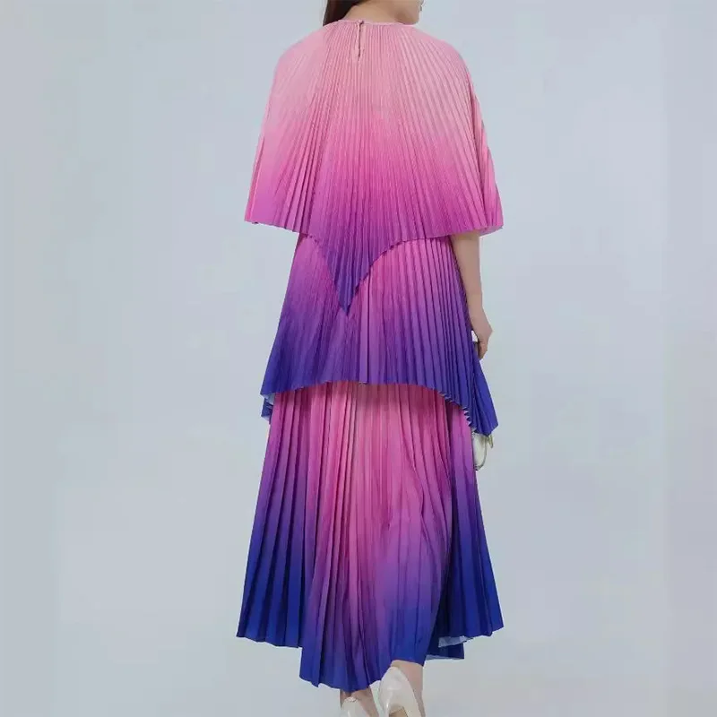 Vrouwen Print Tweedelige Rok Sets Losse A-lijn Gradiënt Pakken Onregelmatige Tops Ronde Hals Casual Splice Lange Rokken Dame Zomer