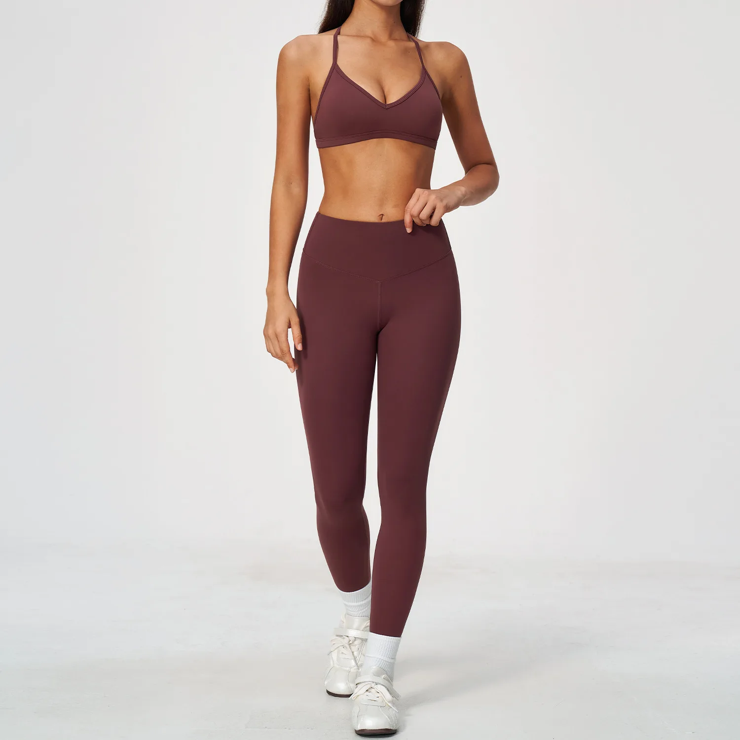 Backless Halter Yoga Set Quick Dry V Neck Gym Sports Bra High Waist Leggings Sportswear Hip Lifting Workout Fitness Running Suit