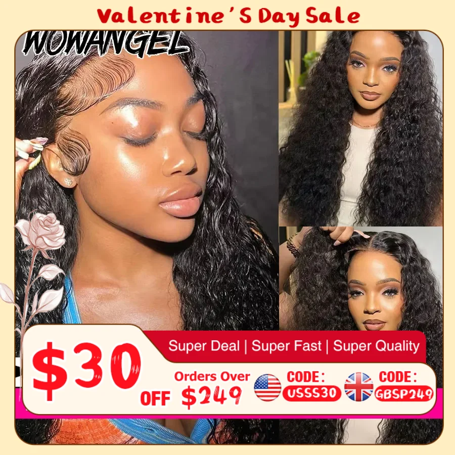 

WOWANGEL Вьющиеся парики 250% 13x6 HD Парики фронта шнурка 34 дюйма Волна воды Бесклеевые человеческие волосы Парики Предварительно выщипанные бразильские волосы Remy