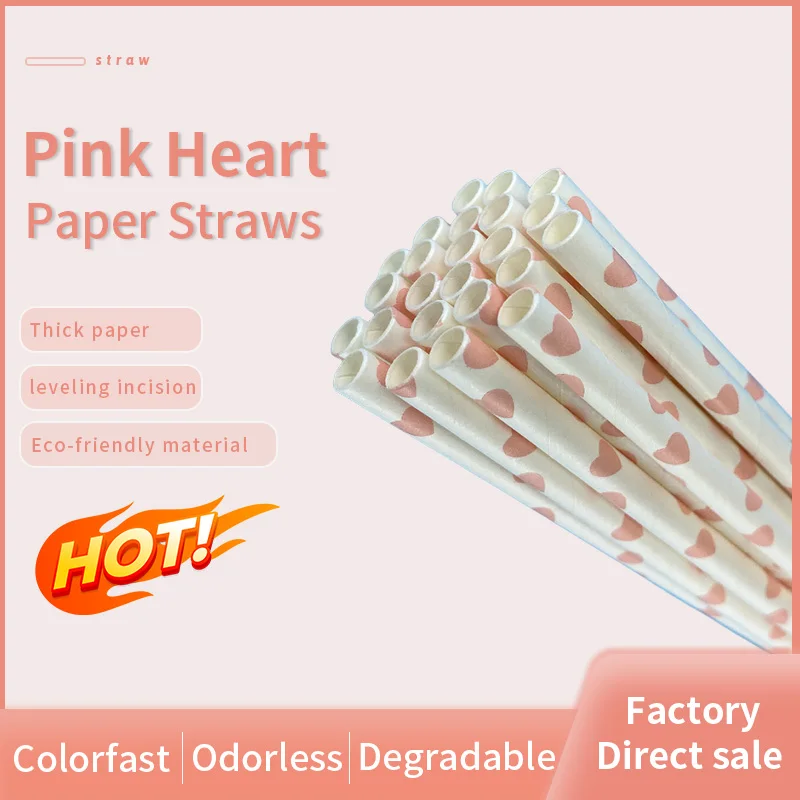 

6*197MM Pink Heart Shape Disposable Drinking Paper Straws Rainbow for Birthday Wedding Christmas Party Event Supplies--200 Pcs