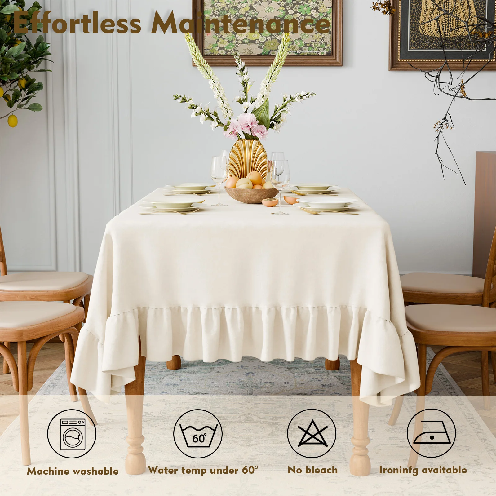 Rectangle Tablecloth Washable Vintage Ruffle Trim Table Cover for Boho Wedding Tabletop Bridal Shower Birthday Party Decoration