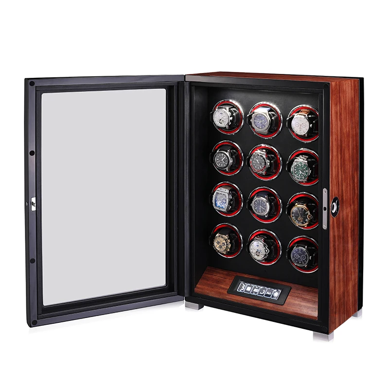 Wholesale Custom Luxury Transparent 12 Rotating case High End Quality Wood Display Stand Cabinet Watch Winder Box