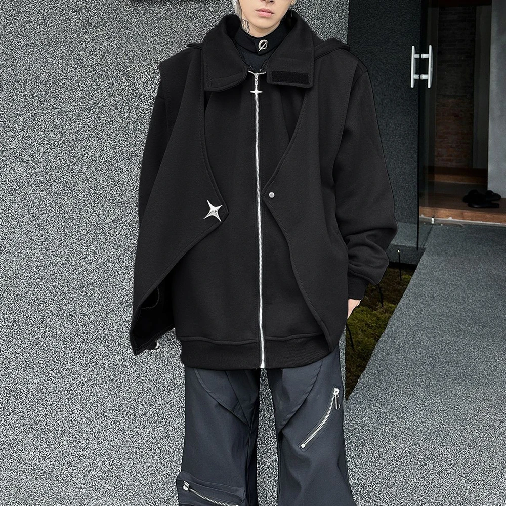 Mens Fashion Y2k Fake Two-Piece Cardigan Sweatshirt Autumn Winter High Street American Style Heavy Trend Functional Jacket Men