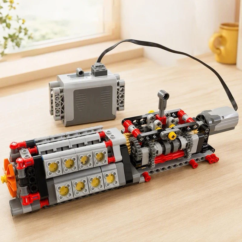 MOC Technical 6 Speed Gearbox+V16 Engine Model Power Motor M Motor AA Battery Box Building Blocks DIY Creative Electric Toy